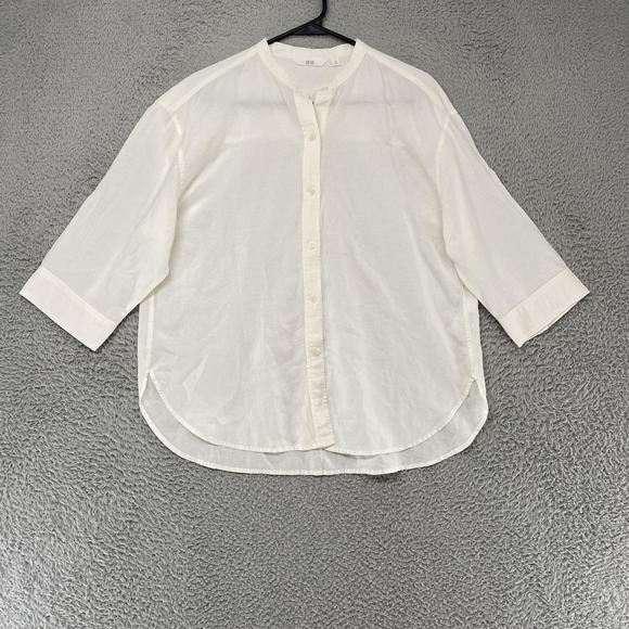 Uniqlo Tops - Uniqlo Linen Top Womens Medium Button Up Minimalist Capsule Collarless White